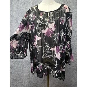 Avenue Top Floral Black Purple Pleated Peasant Boho 3/4 Bell Sleeve 18/20 2X